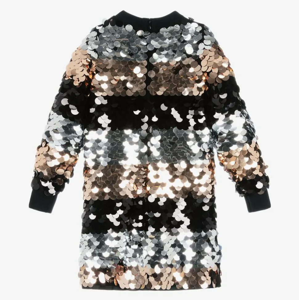 Girls Silver & Black Striped Sequin Dress