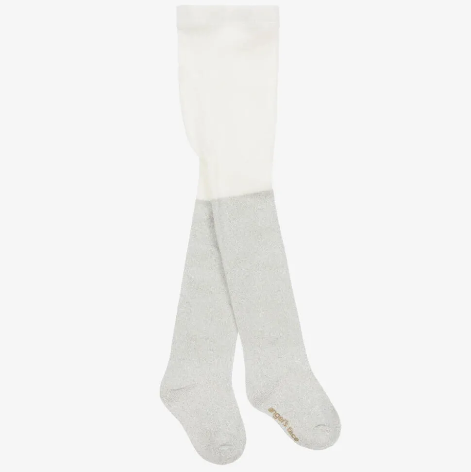 Girls Silver Cotton Glitter Tights