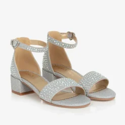 Girls Silver Diamanté Heeled Sandals