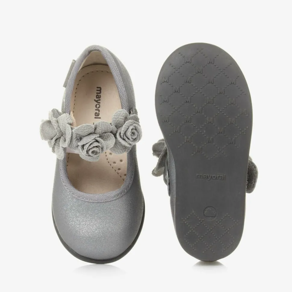 Girls Silver Floral Bar Shoe