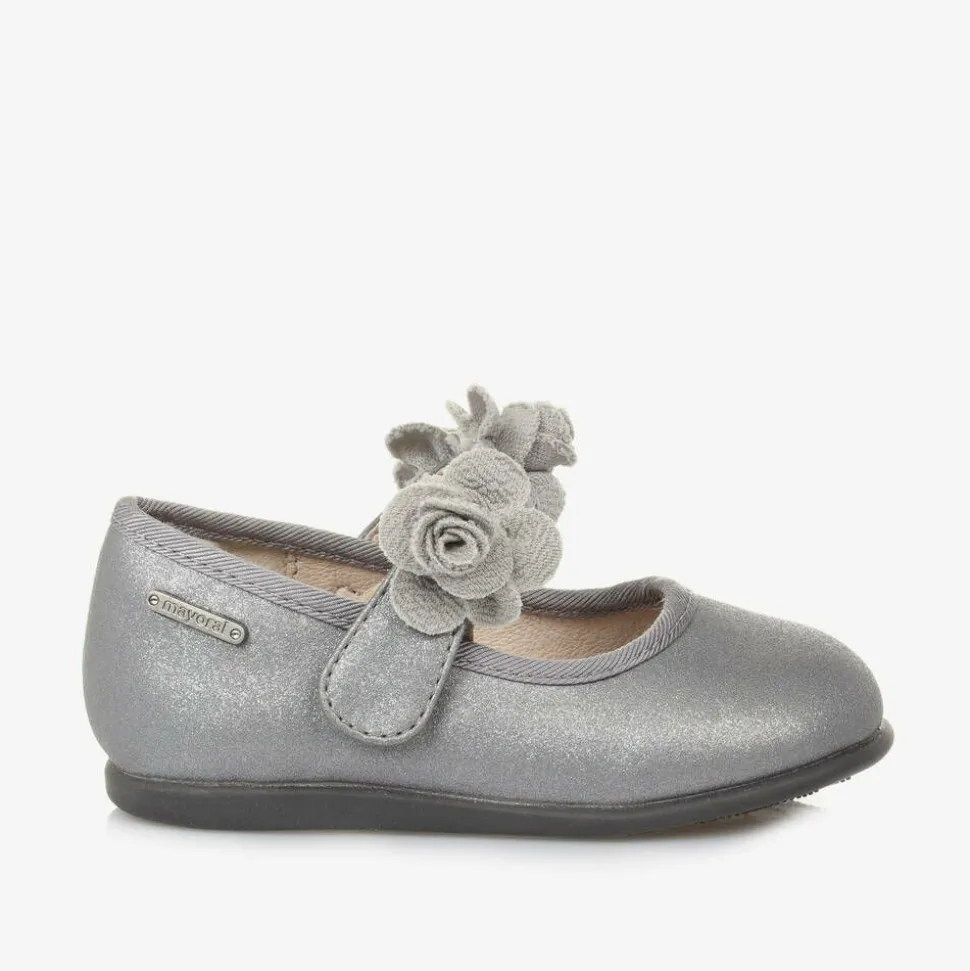 Girls Silver Floral Bar Shoe