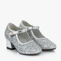 Girls Silver Glitter Heeled Shoes