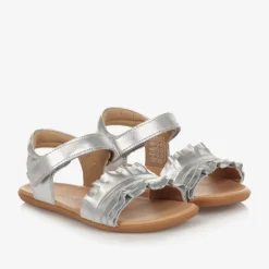 Girls Silver Leather Ruffle Sandals