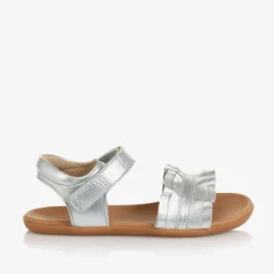 Girls Silver Leather Ruffle Sandals