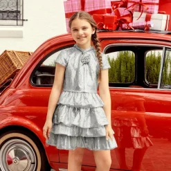 Girls Silver Tiered Sequinned Tulle Dress