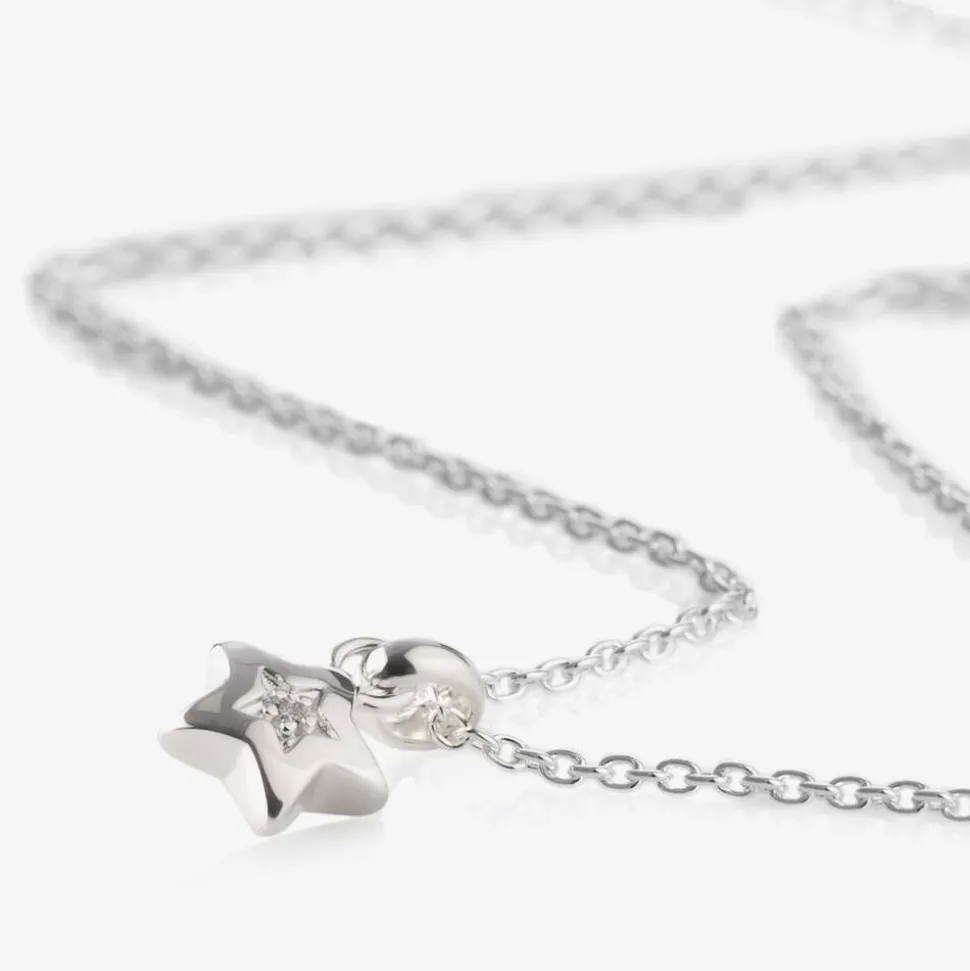 Girls Sterling Silver Diamond Star Necklace (38cm)
