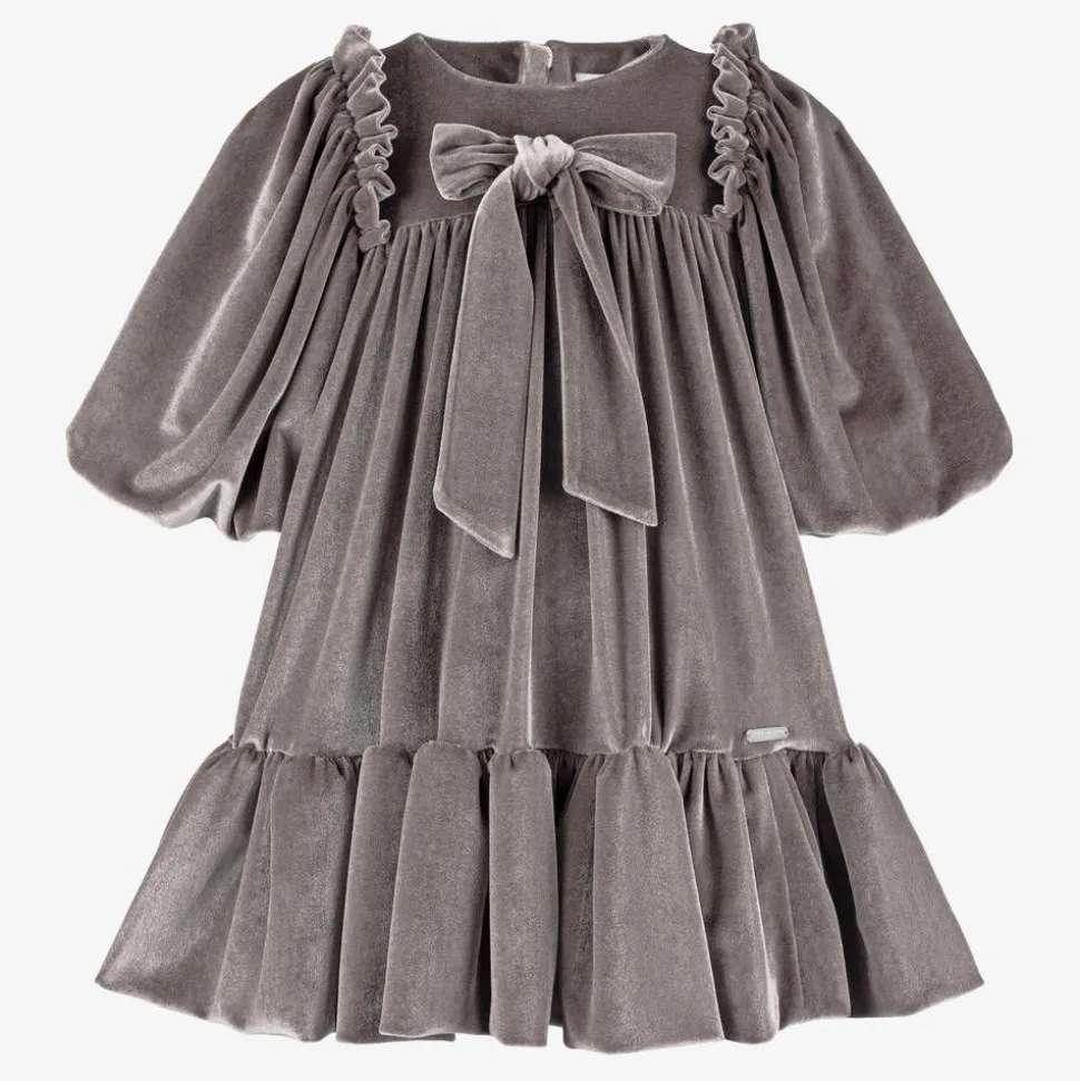 Girls Taupe Grey Velour Dress