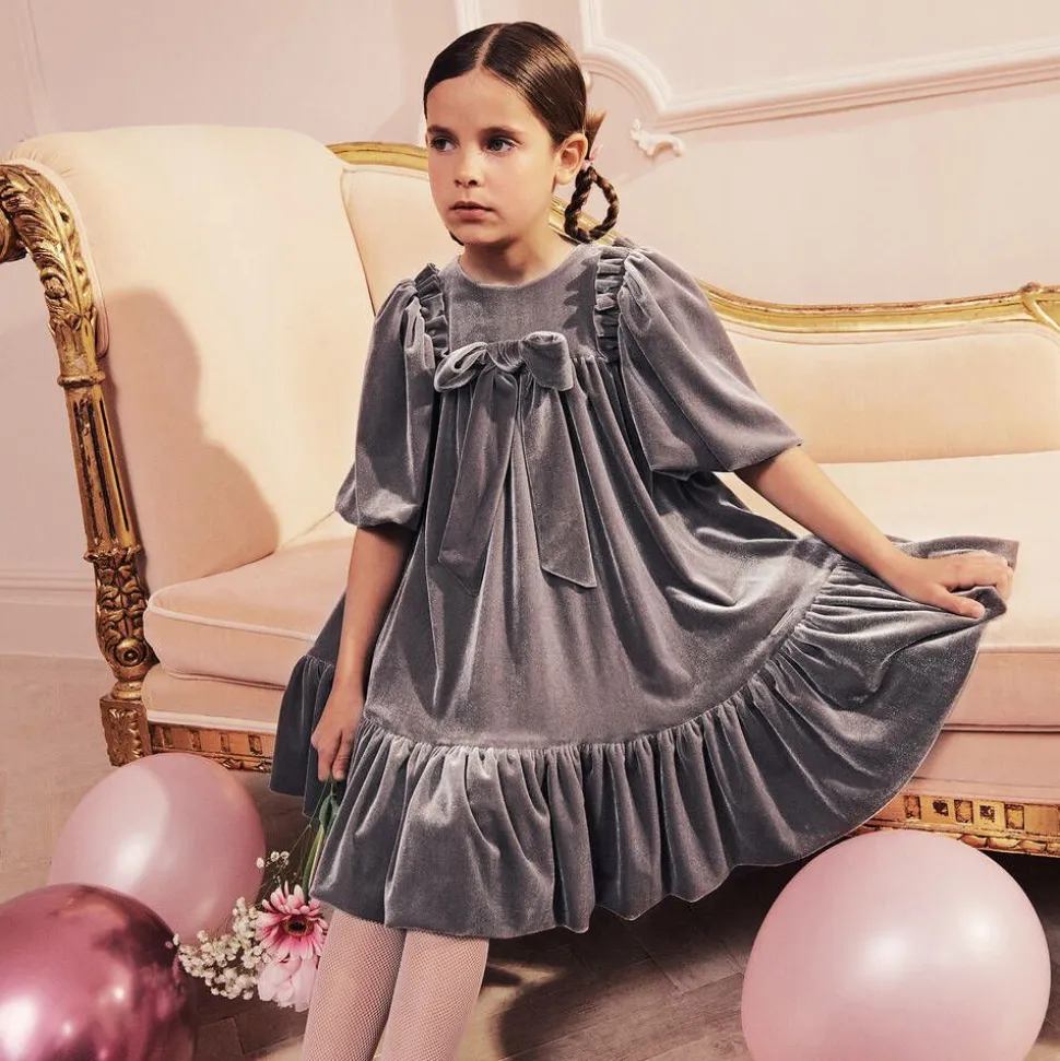 Girls Taupe Grey Velour Dress