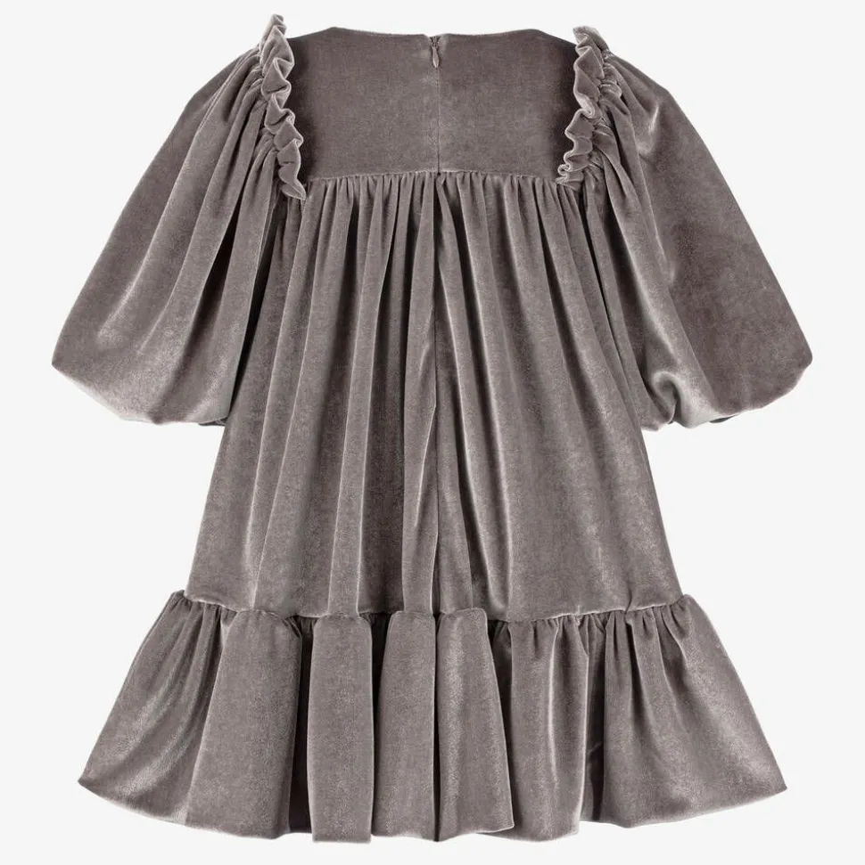 Girls Taupe Grey Velour Dress
