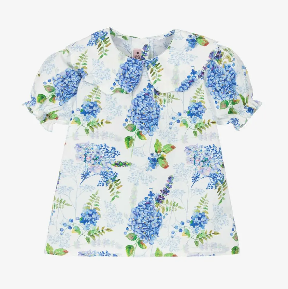 Girls White & Blue Floral Cotton Blouse