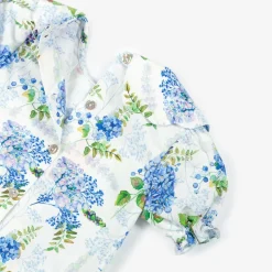 Girls White & Blue Floral Cotton Blouse