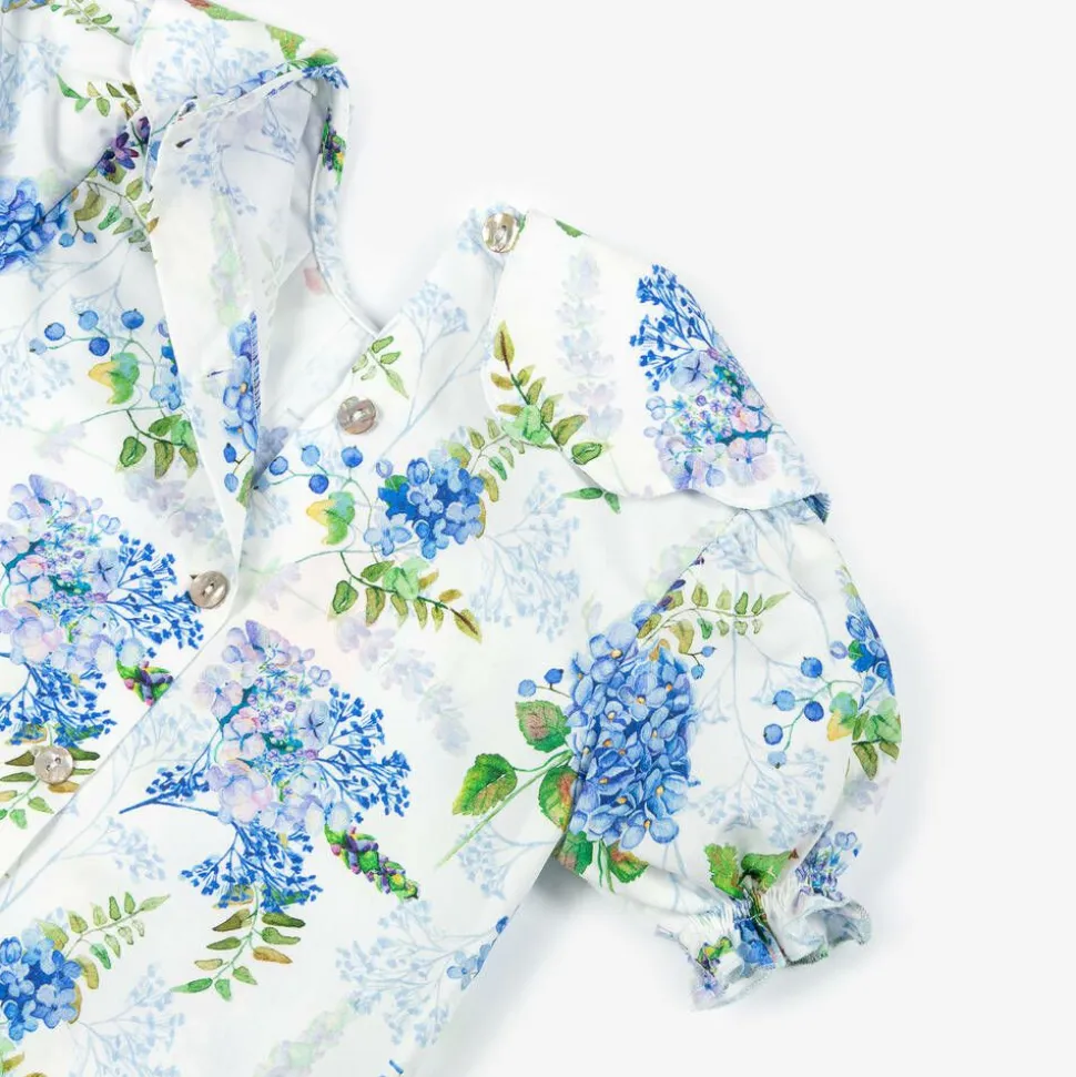 Girls White & Blue Floral Cotton Blouse