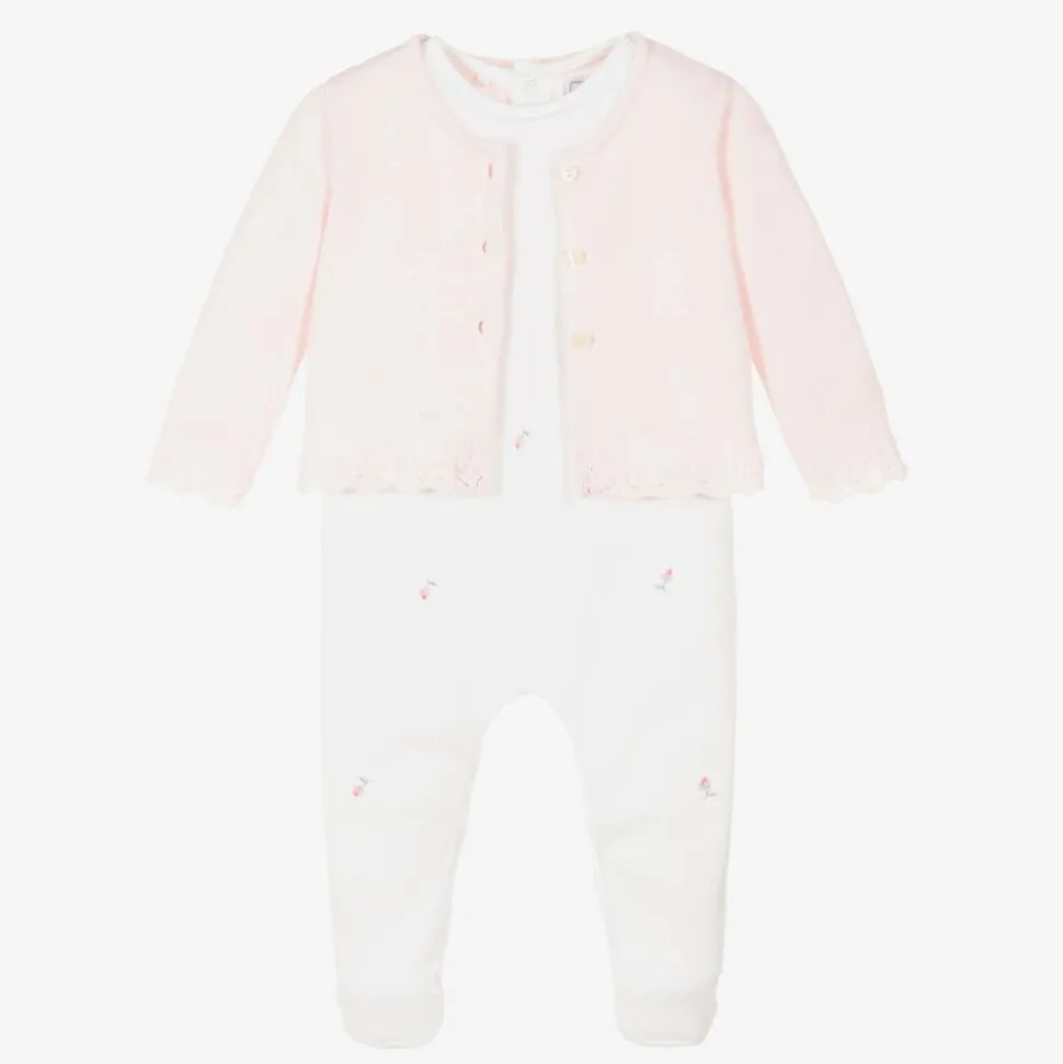 Girls White & Pink Cotton Babygrow Set