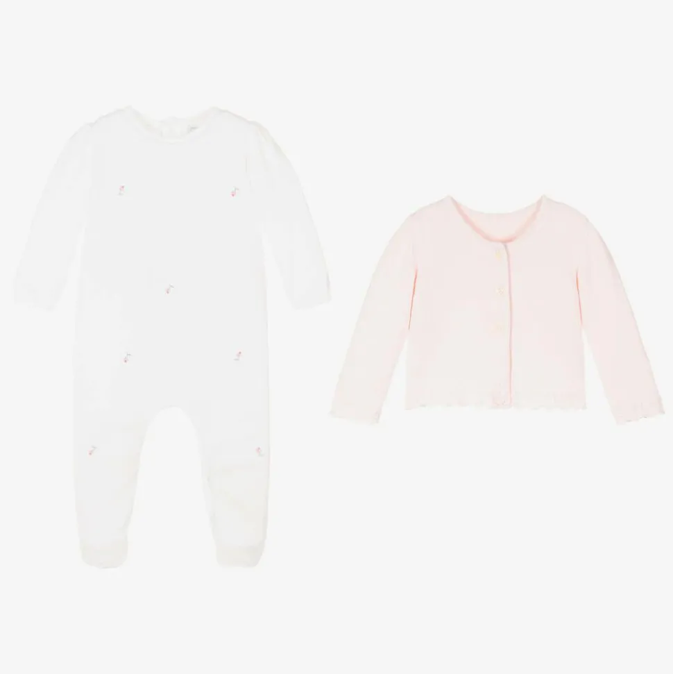 Girls White & Pink Cotton Babygrow Set