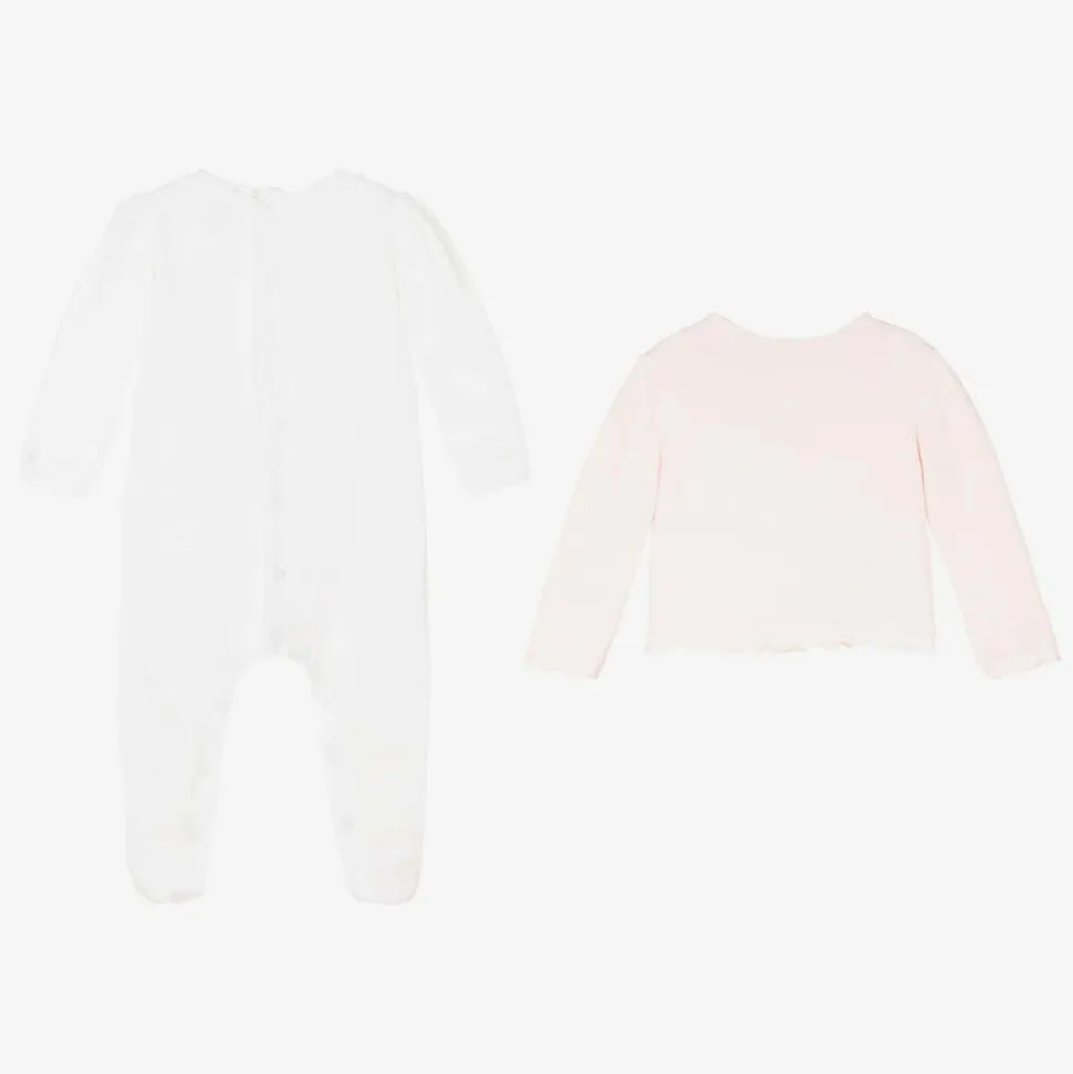 Girls White & Pink Cotton Babygrow Set
