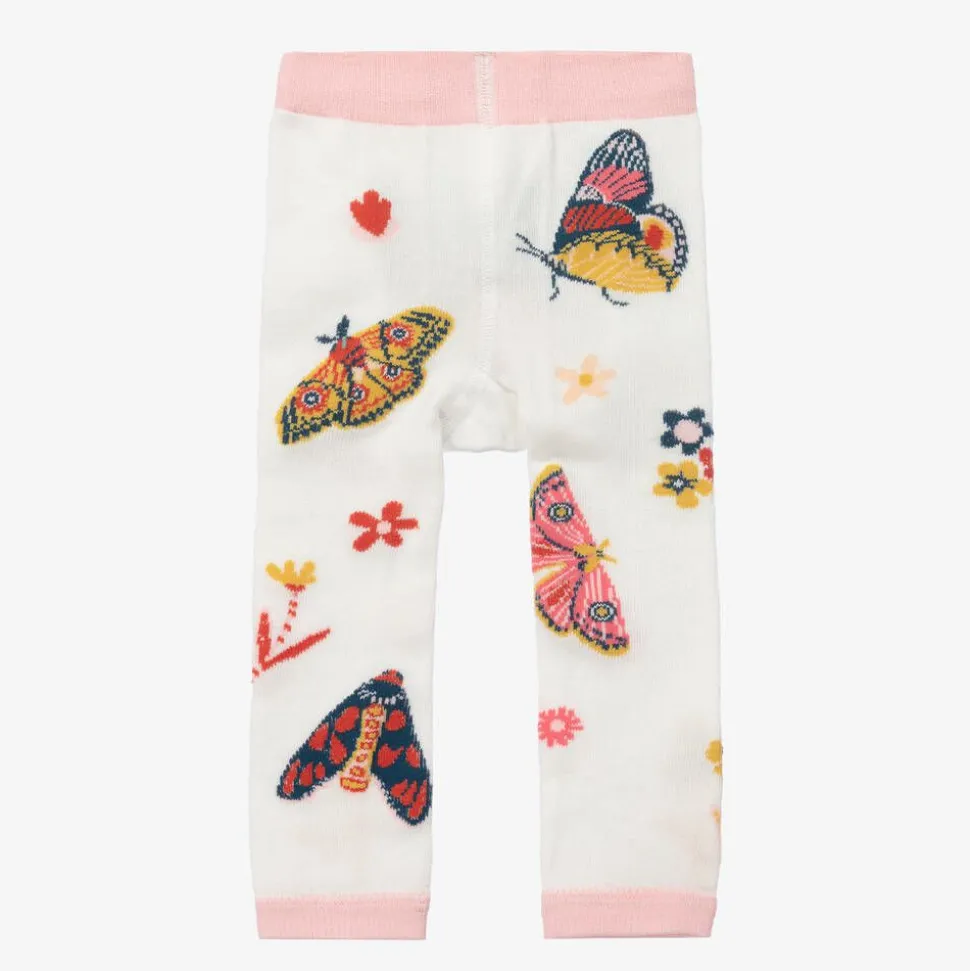 Girls White & Pink Cotton Butterfly Leggings