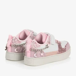 Girls White & Pink Glitter Velcro Trainers