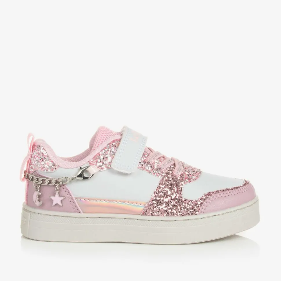 Girls White & Pink Glitter Velcro Trainers