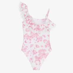 Girls White Beaded & Ruffle Swimsuit