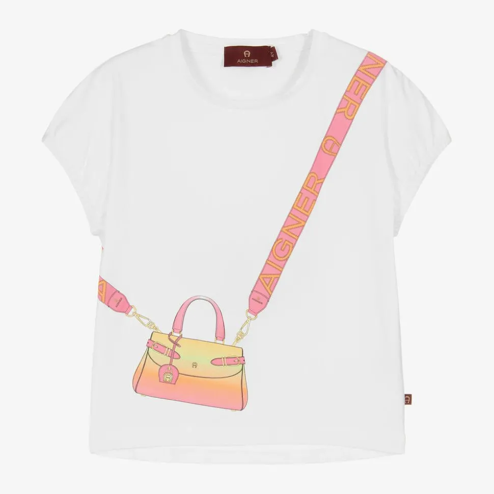 Girls White Cotton Bag Print T-Shirt