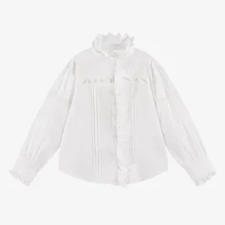 Girls White Cotton Lace & Ruffle Blouse