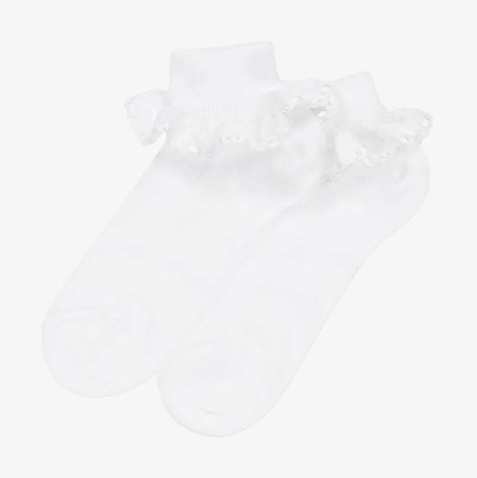 Girls White Cotton Ruffles Socks