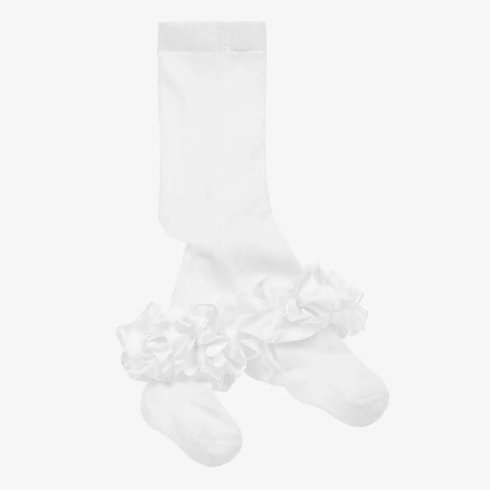 Girls White Cotton Ruffle Tights