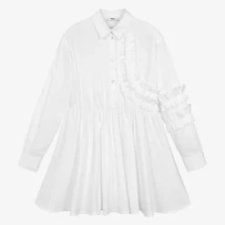 Girls White Cotton Ruffle Shirt Dress