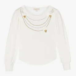 Girls White Cotton Studded Necklace Top