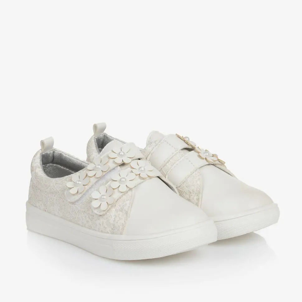 Girls White Faux Leather & Lace Trainers