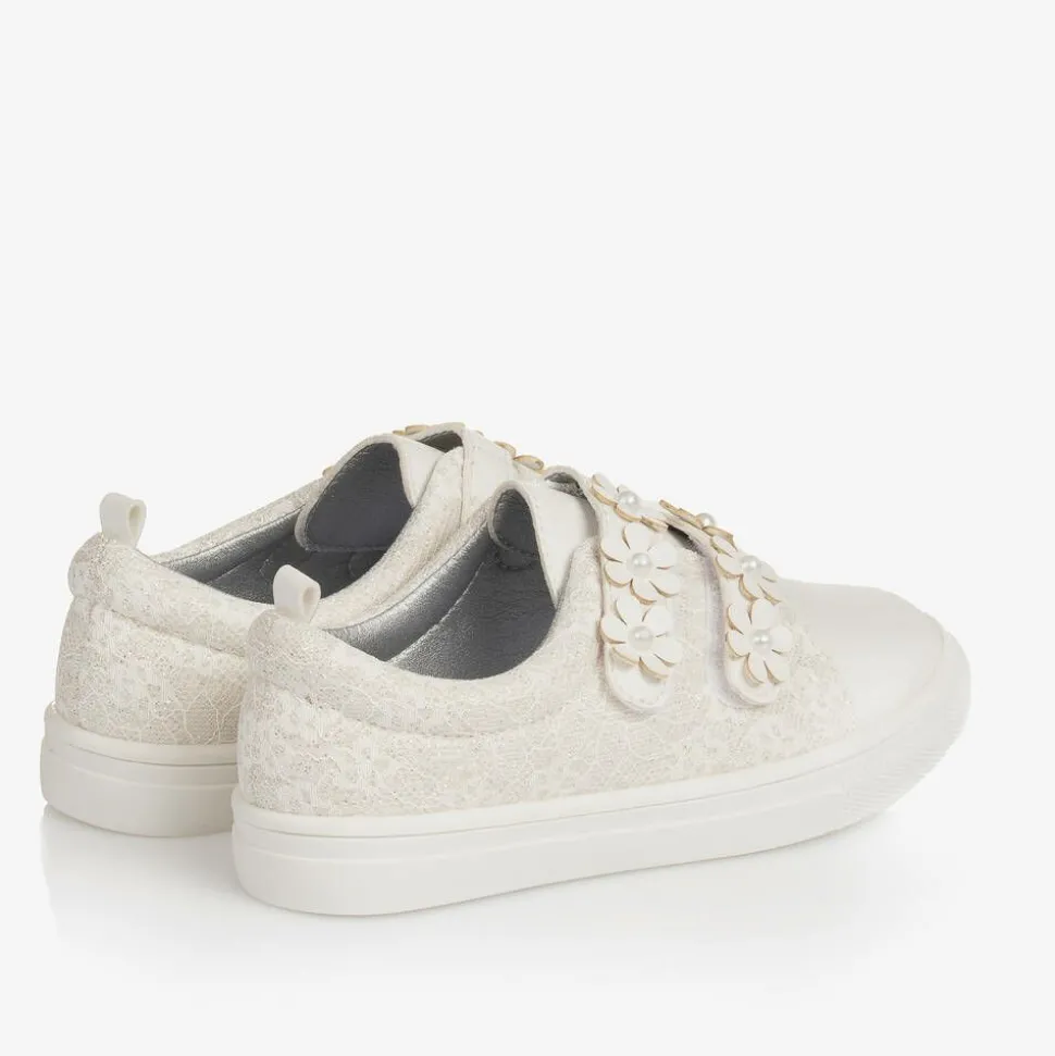 Girls White Faux Leather & Lace Trainers