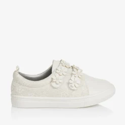Girls White Faux Leather & Lace Trainers