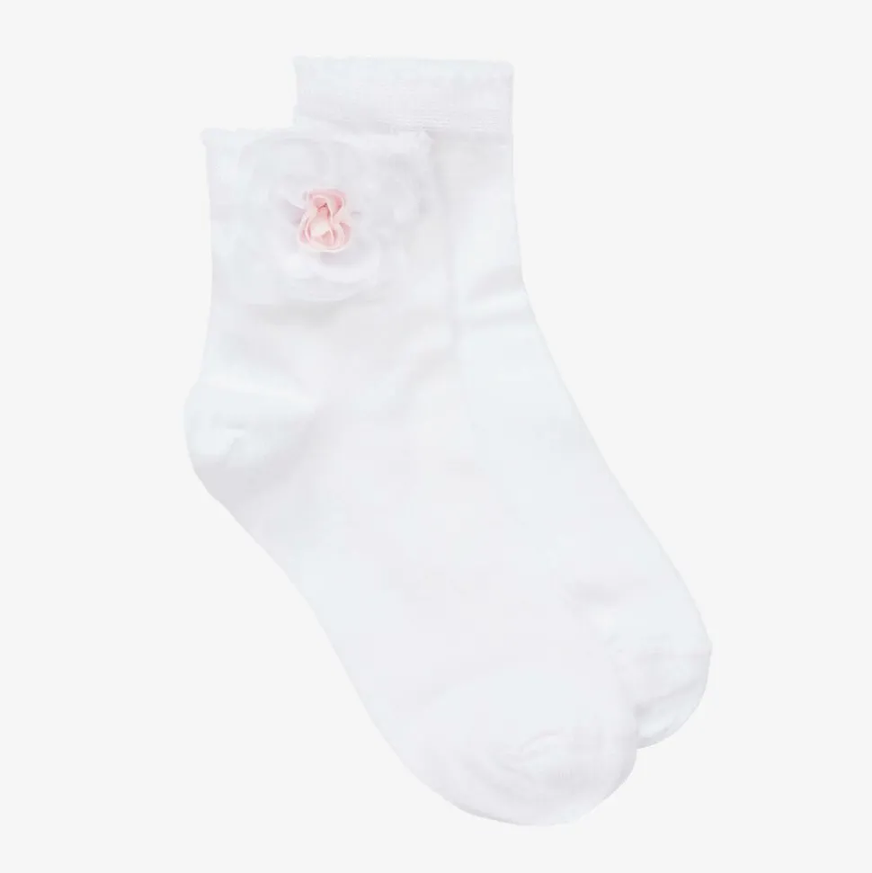 Girls White Flower Cotton Socks