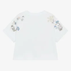 Girls White Flower Print Cotton T-Shirt