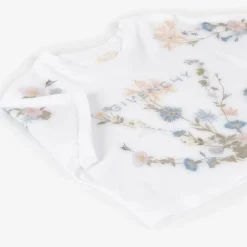 Girls White Flower Print Cotton T-Shirt