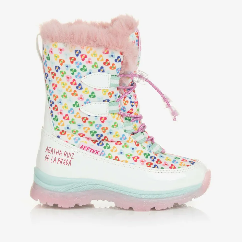 Girls White Heart Print Snow Boots