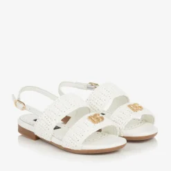 Girls White Leather Crochet Sandals