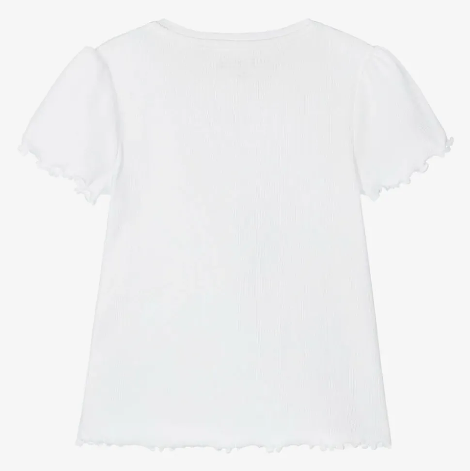 Girls White Ribbed Cotton Jersey T-Shirt