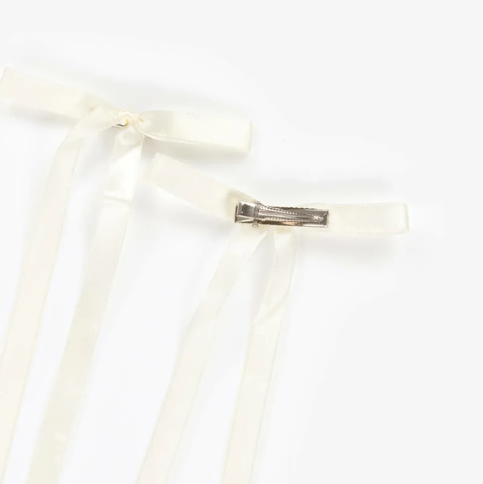 Girls White Satin Bow Hair Clips (2 Pack)