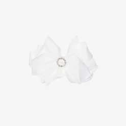 Girls White Satin Bow Hair Clip (10cm)