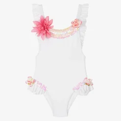 Girls White Sequin & Floral Swimsuit
