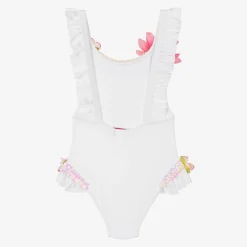 Girls White Sequin & Floral Swimsuit