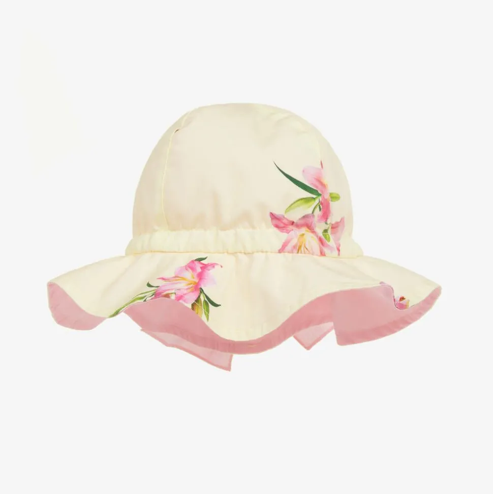 Girls Yellow Cotton Floral Sun Hat