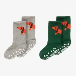 Green & Grey Cotton Anti-Slip Socks (2 Pack)