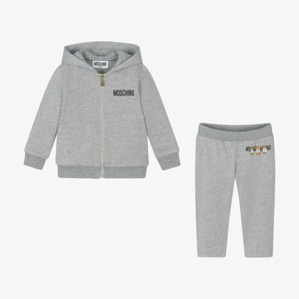 Grey Cotton Teddy Bear Logo Tracksuit