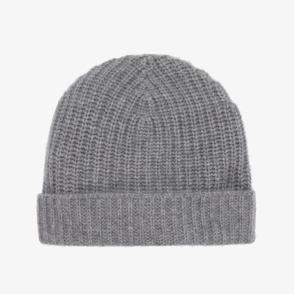 Grey Knitted Cashmere Beanie Hat