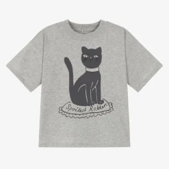 Grey Marl Organic Cotton Cat Print T-Shirt