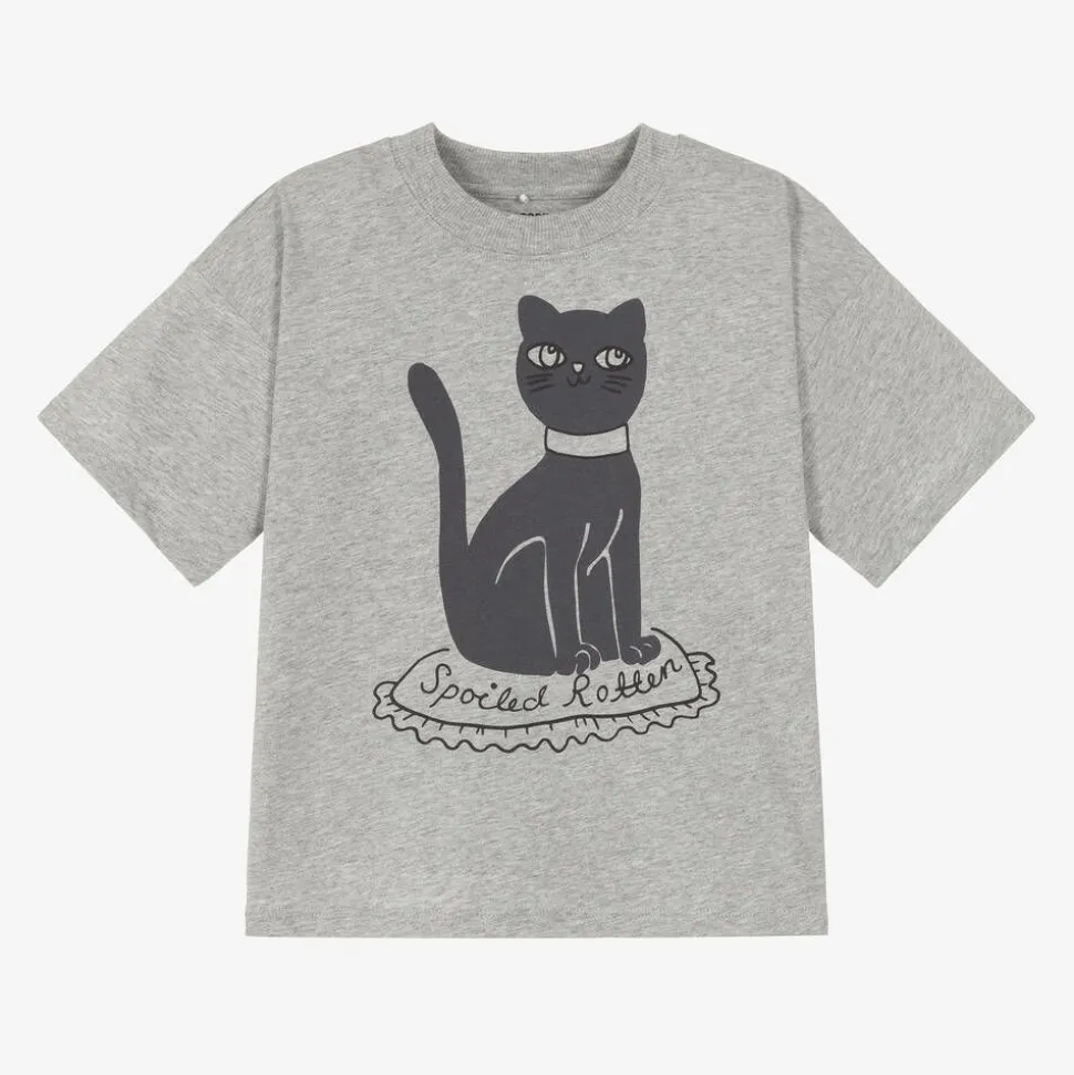 Grey Marl Organic Cotton Cat Print T-Shirt