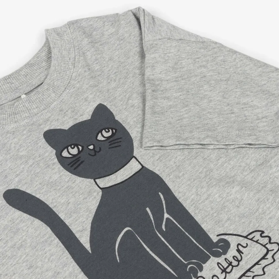 Grey Marl Organic Cotton Cat Print T-Shirt