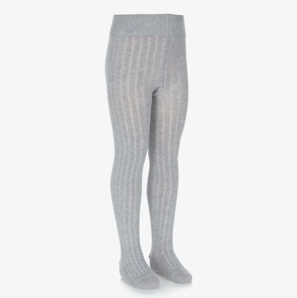 Grey Ribbed Cotton Knit Tights